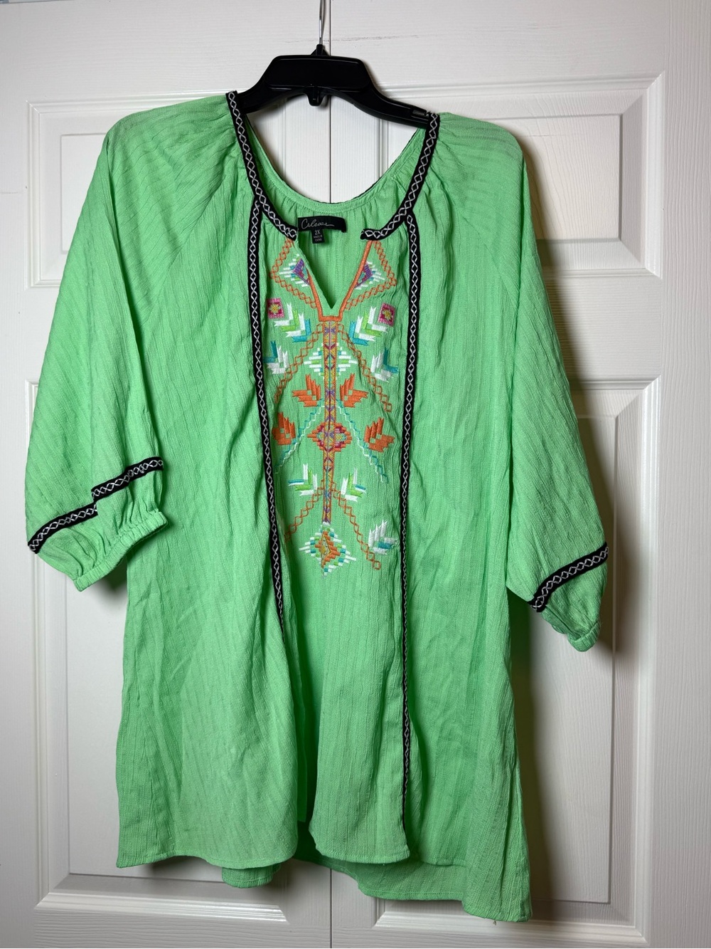 Calessa Green Apple Embroidered V-Neck Boho Tunic Top